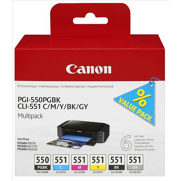 Canon 6496B005 6er-Packung Inkjet-Tintenpatronen MULTIPACK PGI-550/CLI-551 PGBK/C/M/Y/BK/GY 6-farbig