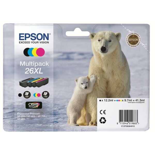 Epson C13T26364010 4er-Packung Inkjet-Tintenpatronen hoher Ergiebigkeit Blister RS Claria Premium 26XL/ORSO POLARE schwarz+cyan+magenta+gelb